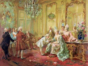 1763年のヴェルサイユでの若きモーツァルトのポンメドゥールへの贈呈 作： Vicente de Paredes